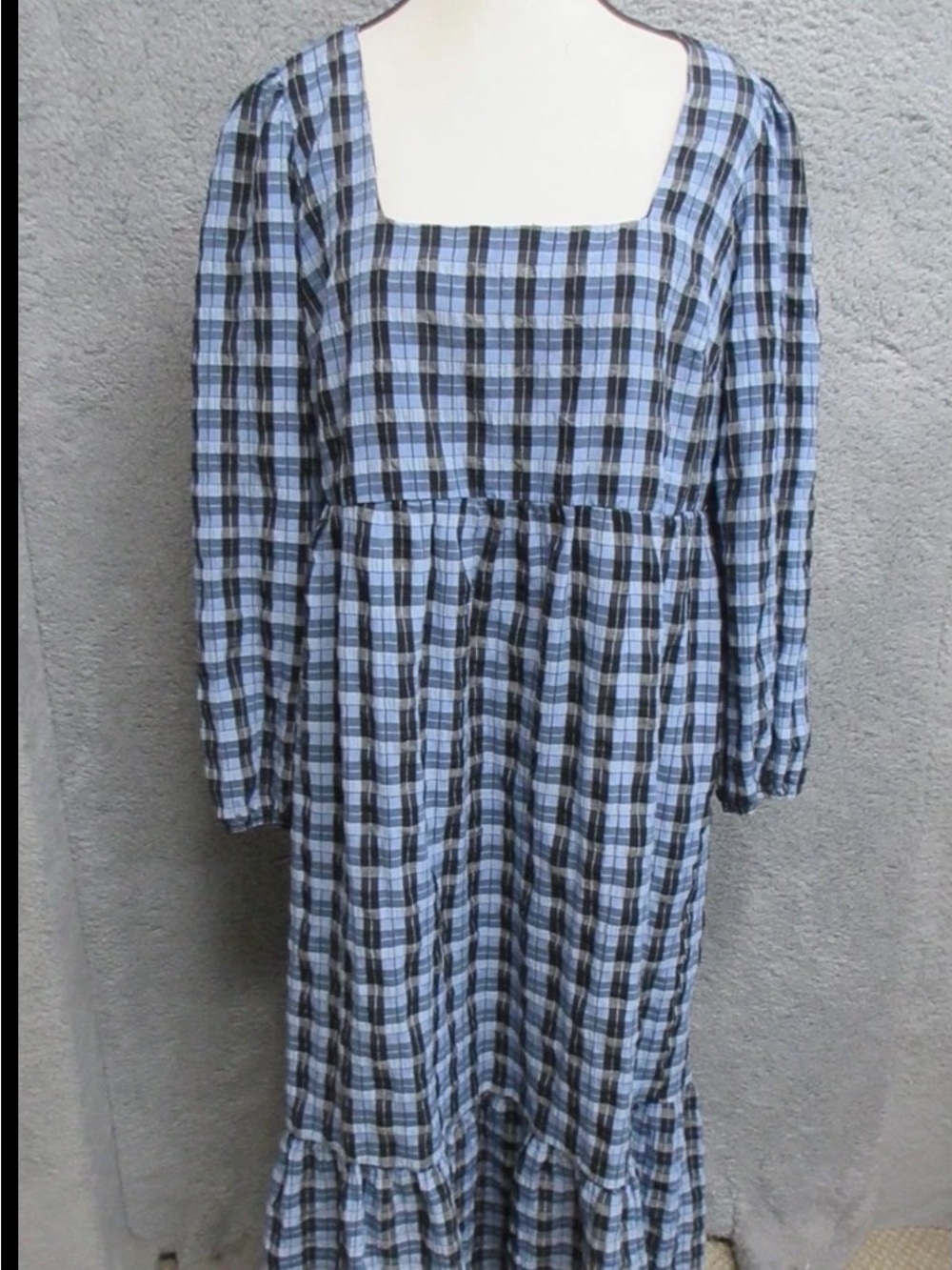 New Look Blue and Black Plaid Long Sleeve Maxi Dress